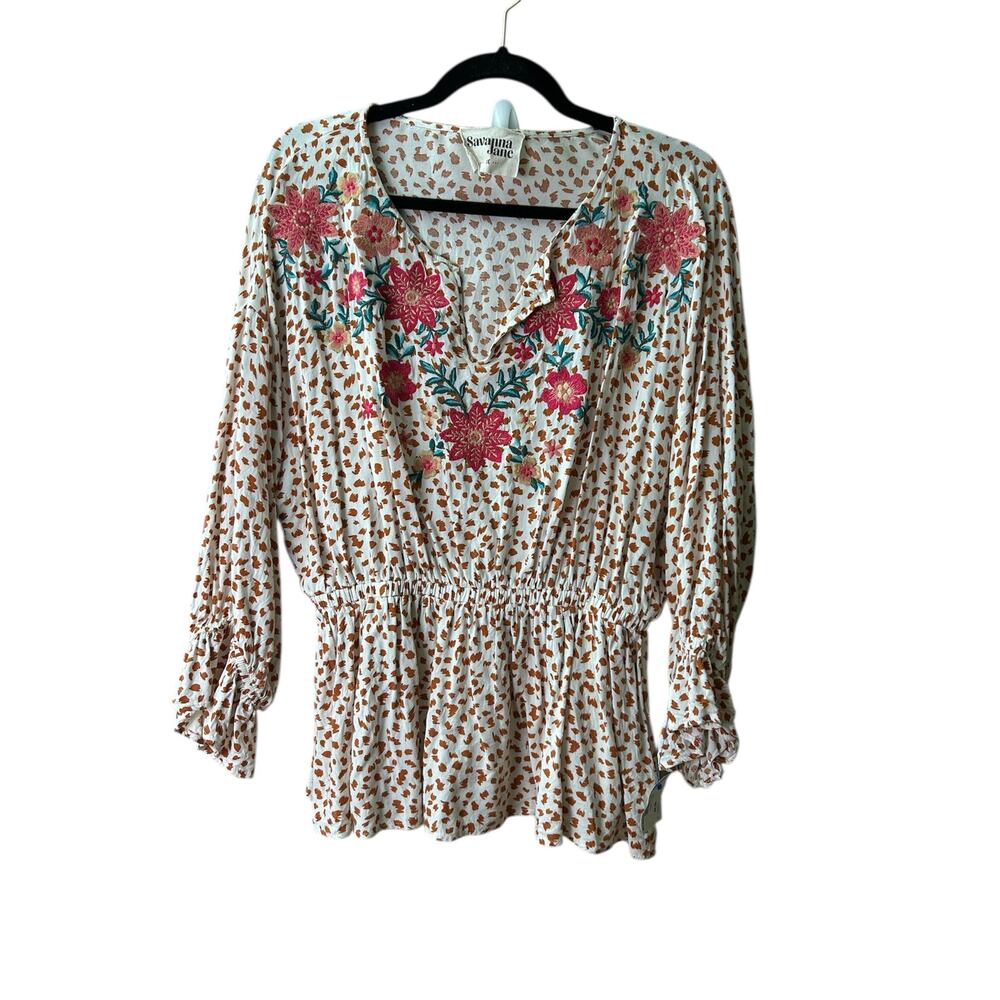 Savannah Jane Peplum Embroidered Print Blouse Sz … - image 2